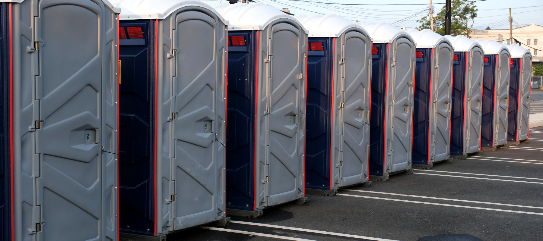 A line of gray portable restrooms.